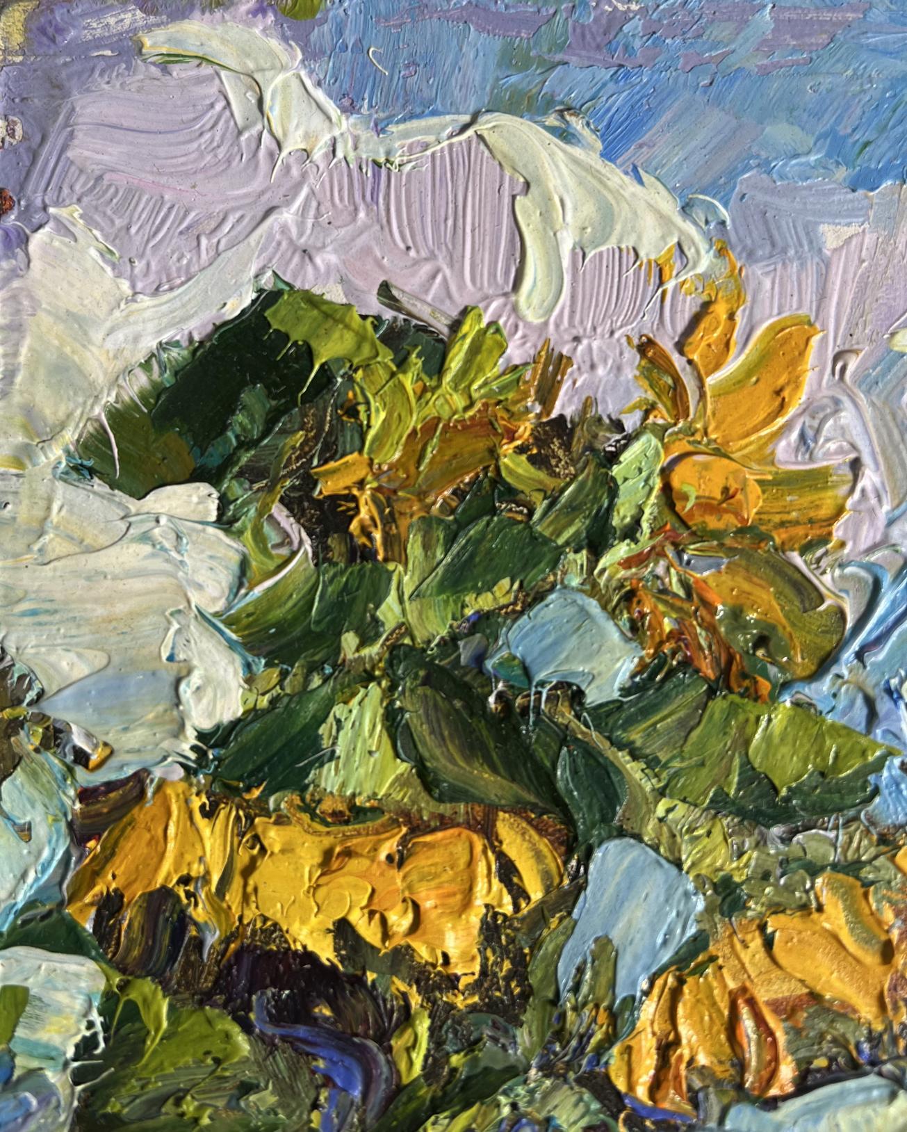 Vibrant impressionist oil painting of sunflowers near the house by Oksana Ivanyuk