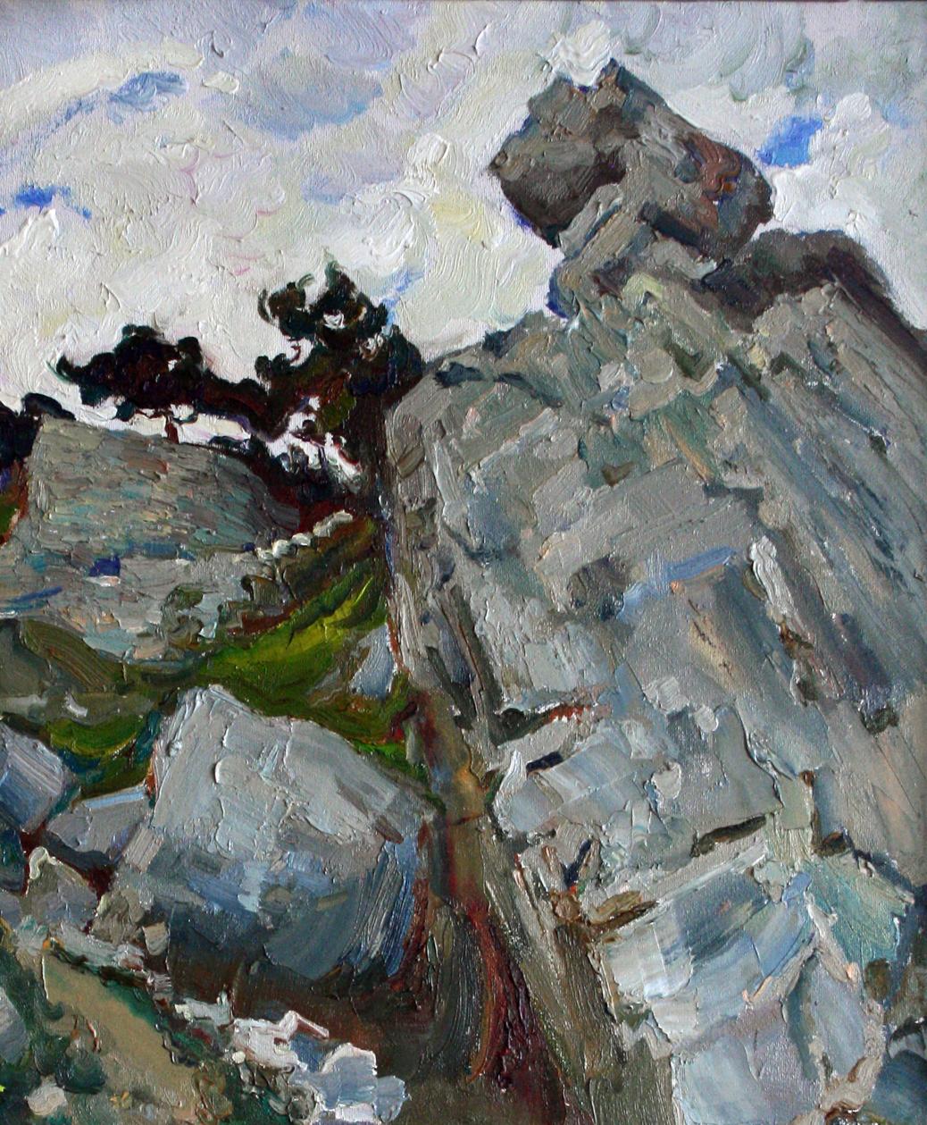 Oil painting Among the Rocks by Leonid Pavlenko: rugged gray rocks, green foliage