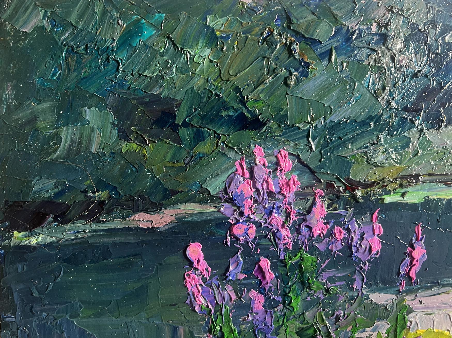 Oil painting Near the summer river by Boris Serdyuk with pink purple flowers