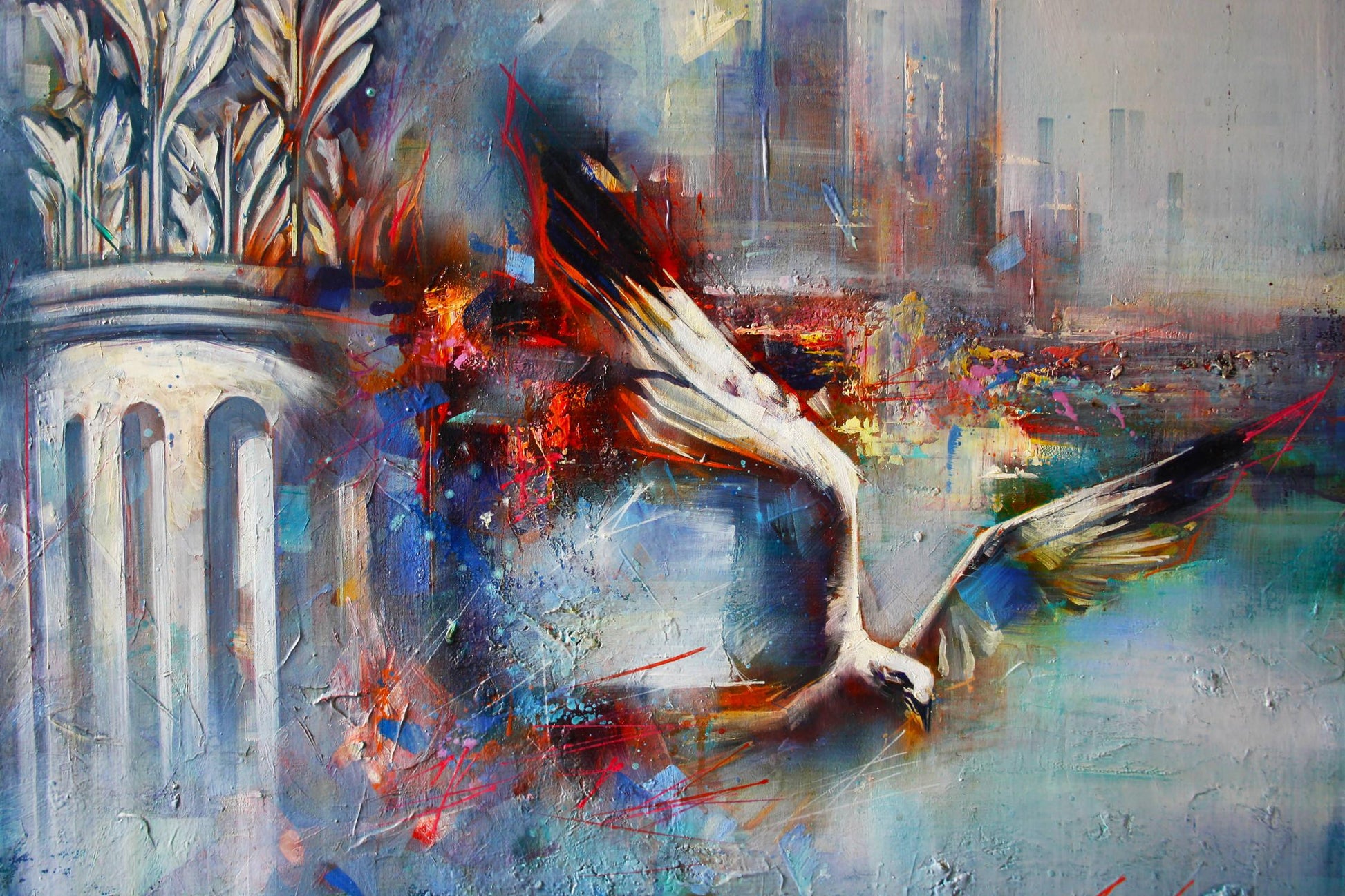 Oil painting Flight over the city by Alexander Dobrodiy: bird in flight