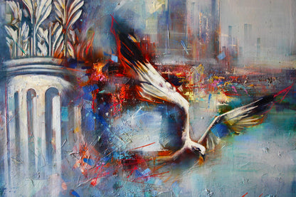 Oil painting Flight over the city by Alexander Dobrodiy: bird in flight