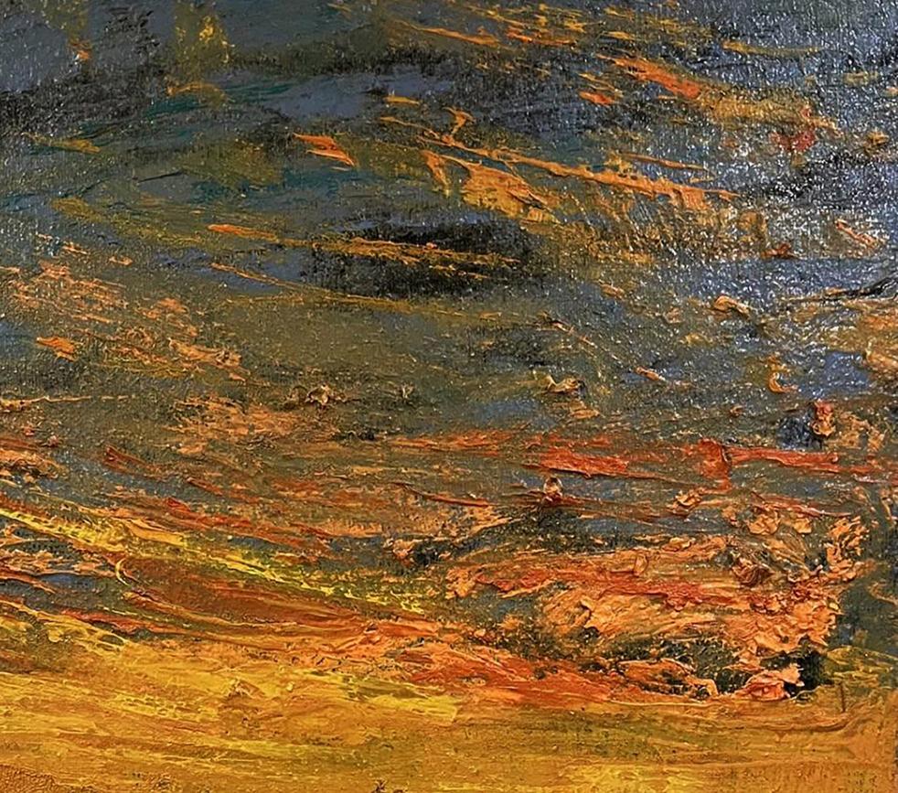 Oil painting Over the Mountains by Serhiy Kovalev with blues, greens, oranges