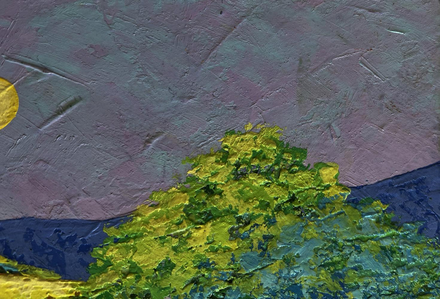 Oil painting Harmony of Nature V. Zadorozhnya: vibrant green tree, purple sky, golden sun