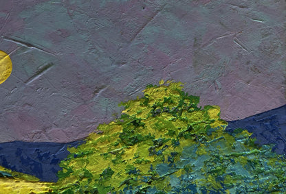 Oil painting Harmony of Nature V. Zadorozhnya: vibrant green tree, purple sky, golden sun