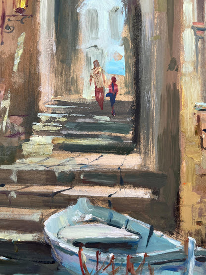 Oil painting of light blue boat by stone steps in city streets by Yuriy Suprunchuk
