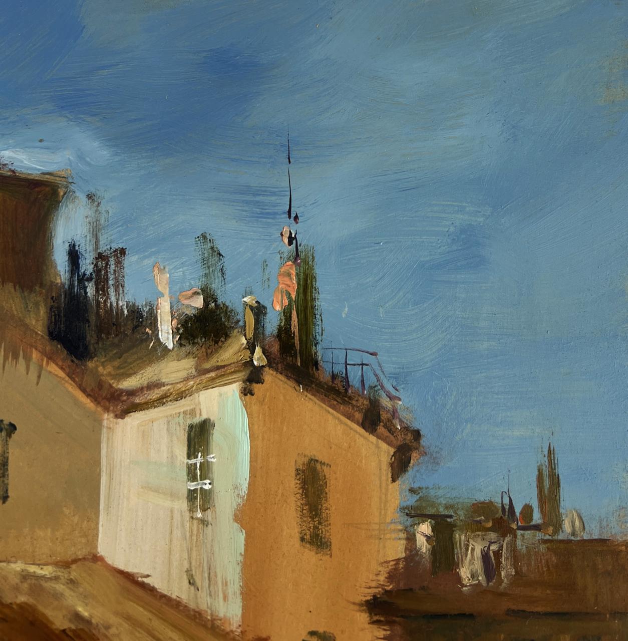 Oil painting Streets of Venice by Yuriy Suprunchuk, terracotta roofs under blue sky