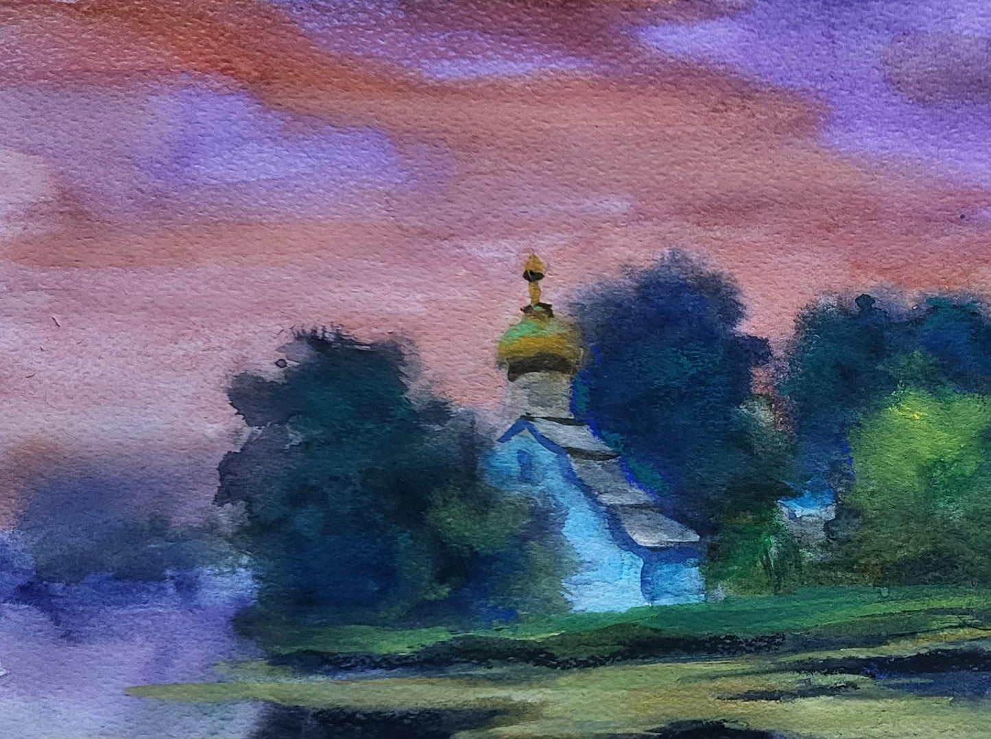 Watercolor painting Morning over the river by Boris Serdyuk: white church golden dome pink purple sky