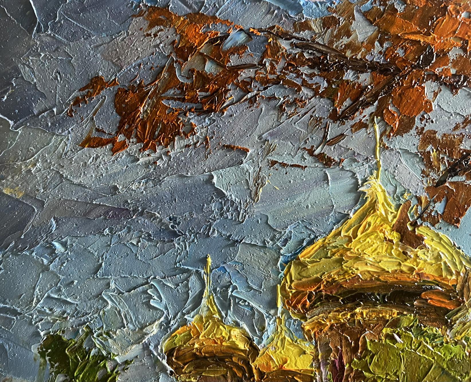 Impressionistic oil painting of golden domes behind trees by Boris Serdyuk