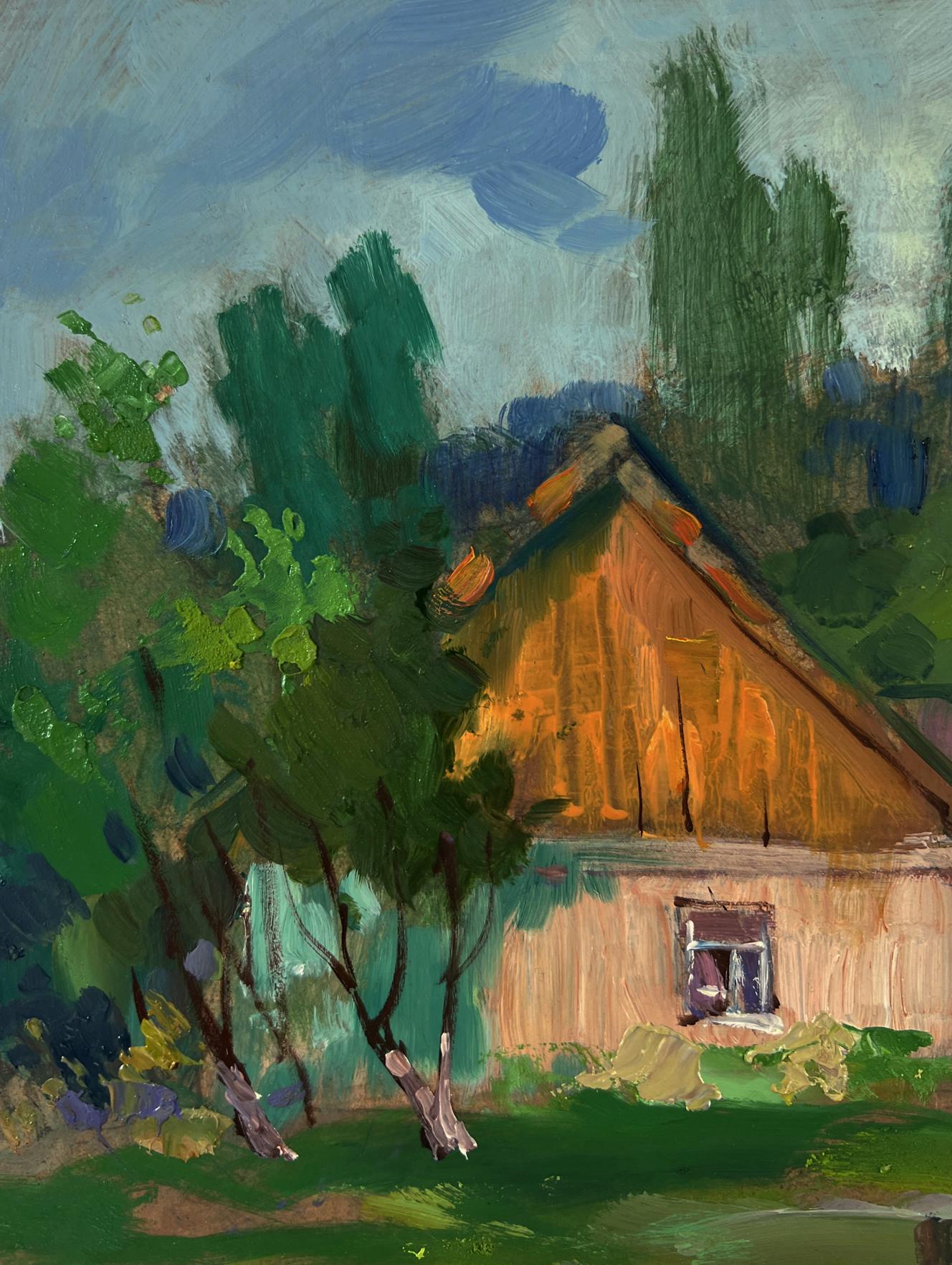 Oil painting of rustic house by Yuriy Suprunchuk amid green trees
