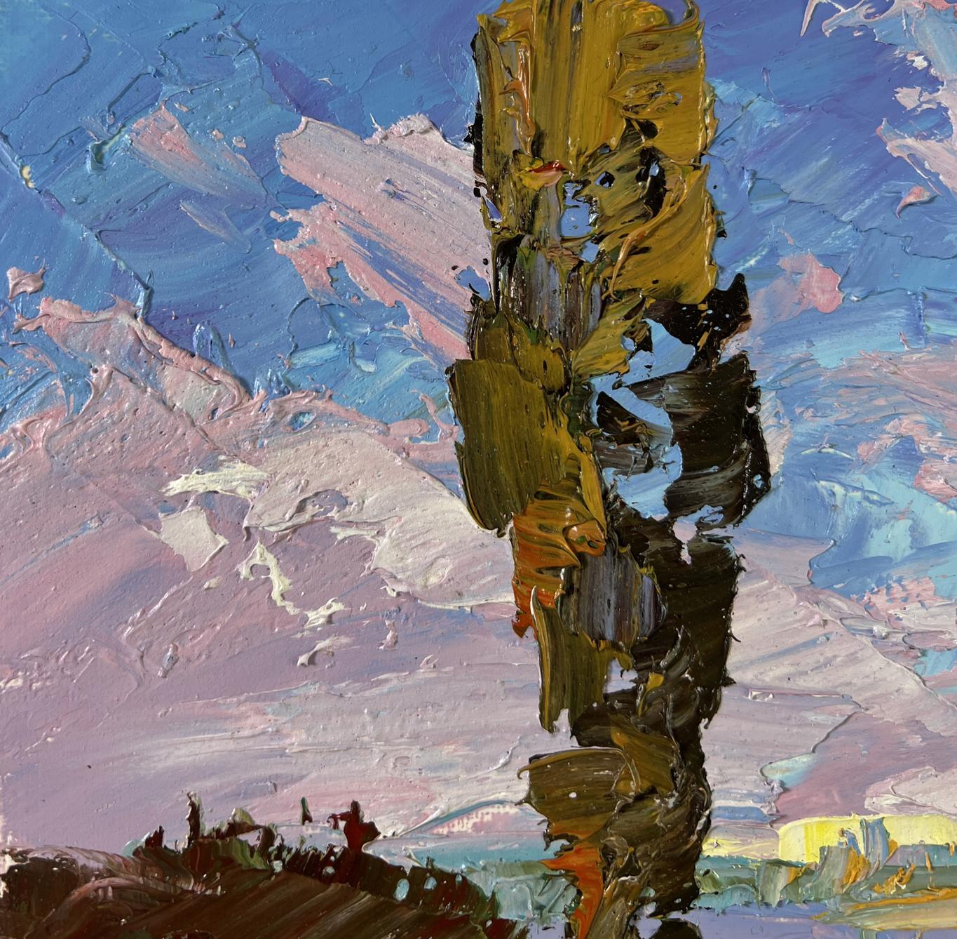 Oil painting September calm by Boris Serdyuk: textured yellow-brown tree trunk, blue sky