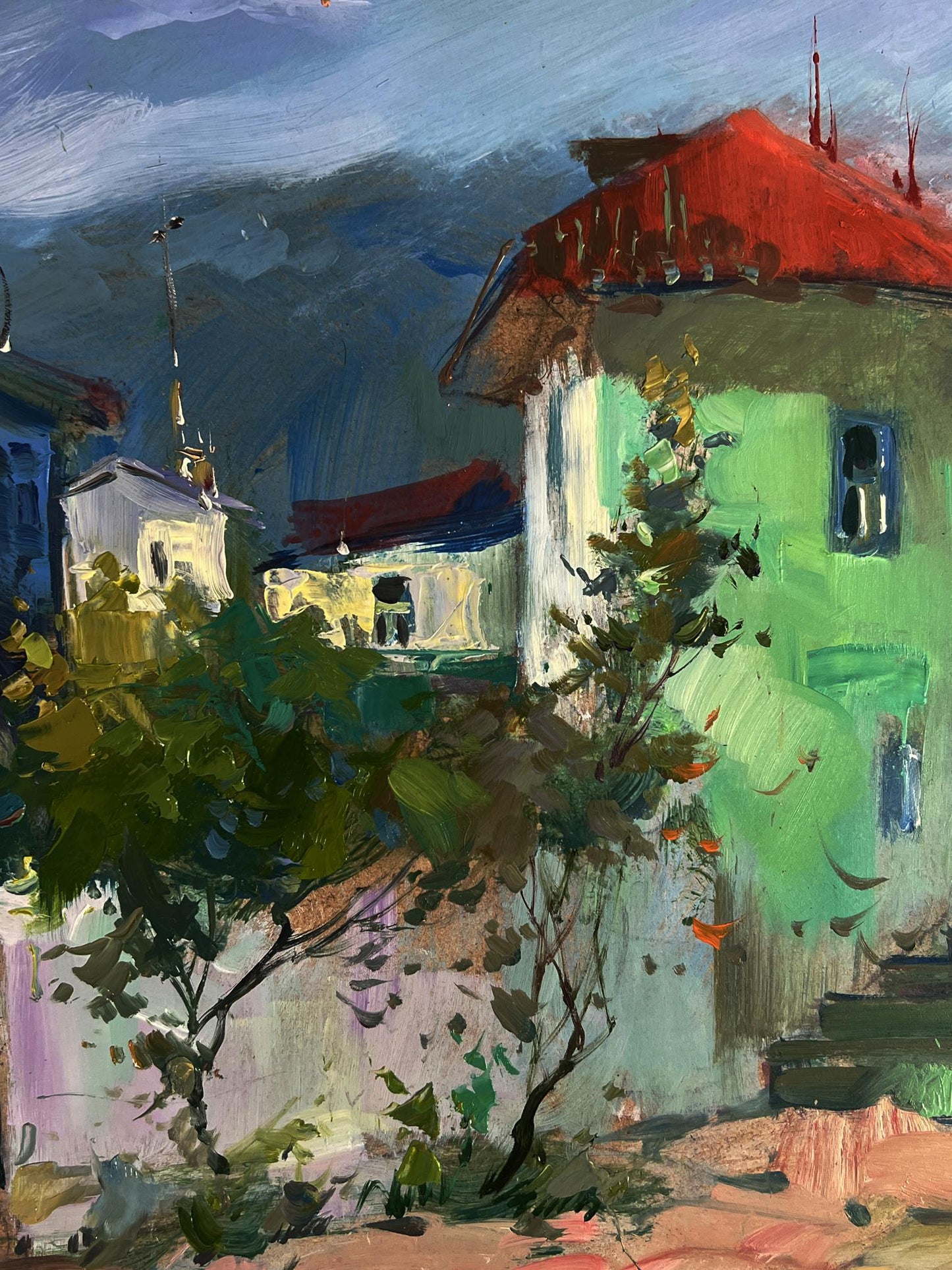 Vibrant impressionist oil painting of city street stairs by Yuriy Suprunchuk