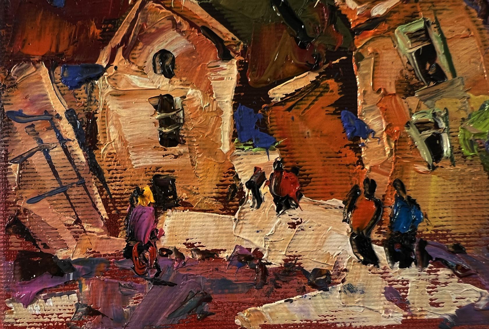 Oil painting Evening of a city street by Oleksiy Ivanyuk, rustic village scene