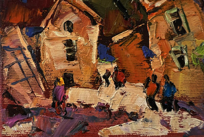 Oil painting Evening of a city street by Oleksiy Ivanyuk, rustic village scene