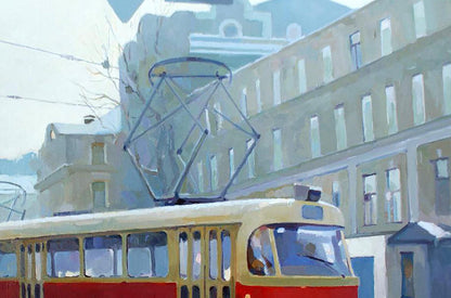 Oil painting Winter morning in the city by Anastasia Yaroshevich: vintage red tram