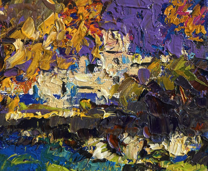 Vibrant oil painting of city autumn park by Oksana Ivanyuk