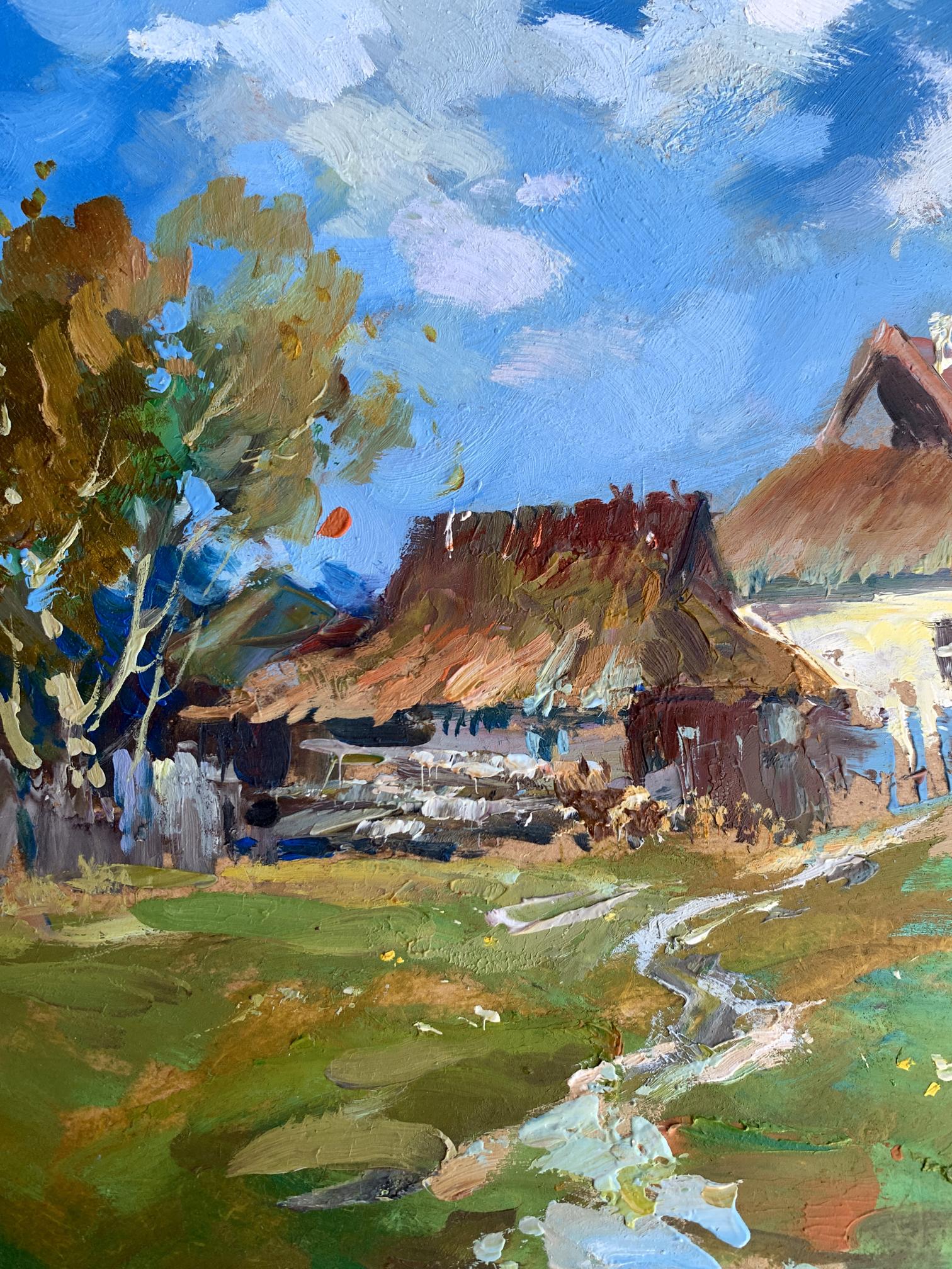 Oil painting of rustic thatched cottage in green fields by Yuriy Suprunchuk