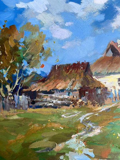 Oil painting of rustic thatched cottage in green fields by Yuriy Suprunchuk