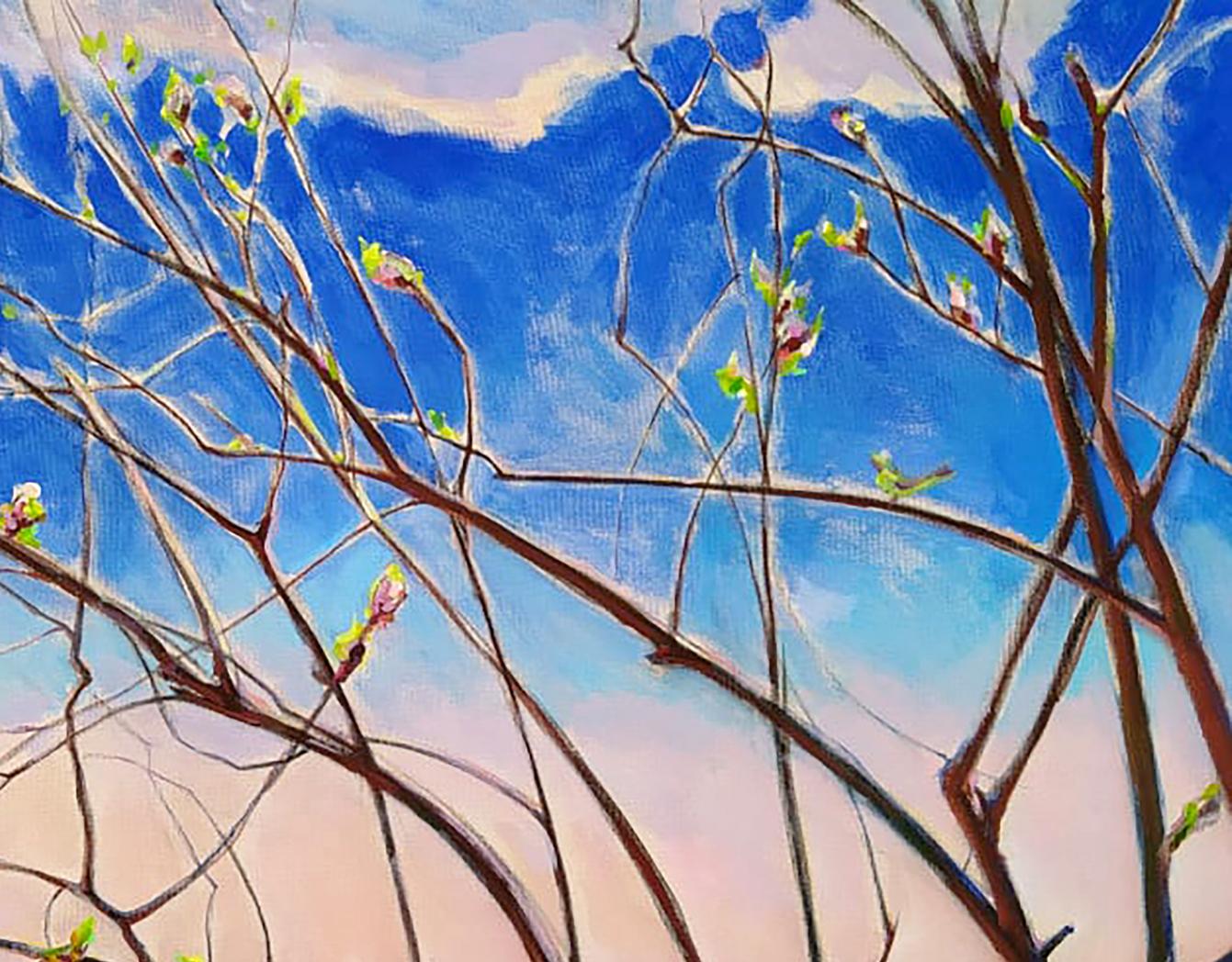 Vibrant oil painting Spring by Leonid Pavlenko: bare branches budding green leaves, blue sky