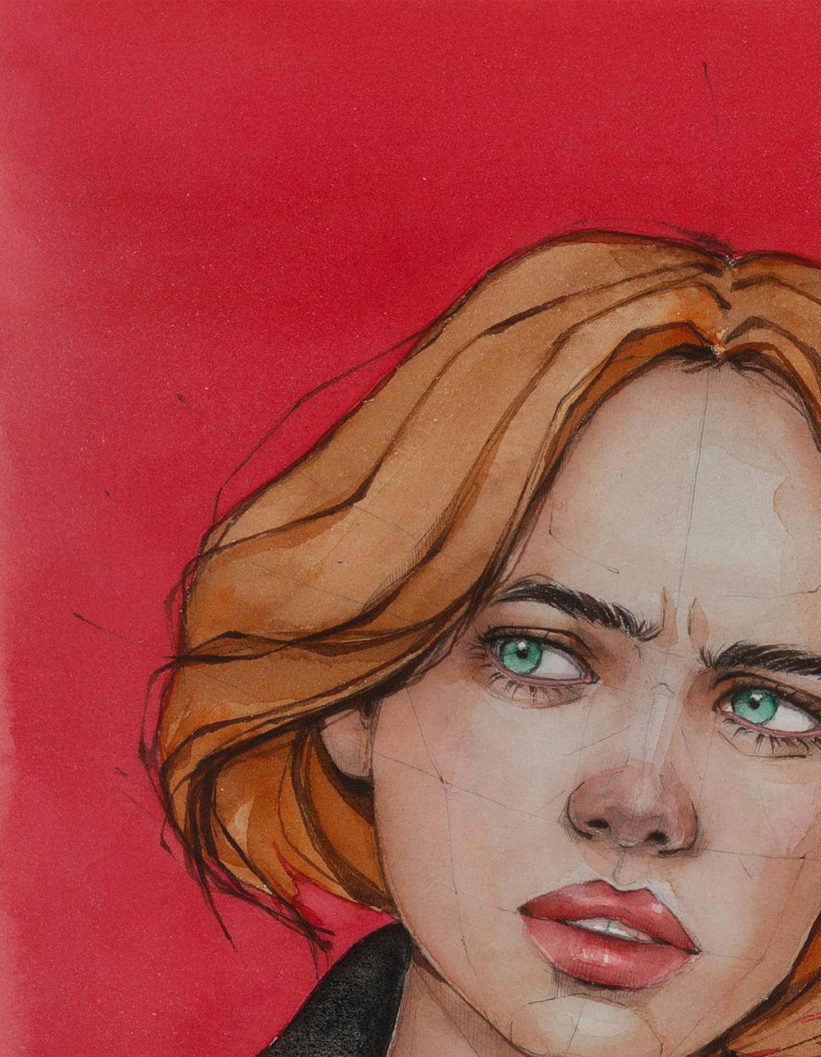 Watercolor painting Mistrust by Victoria Kagalovska: blonde woman green eyes red background