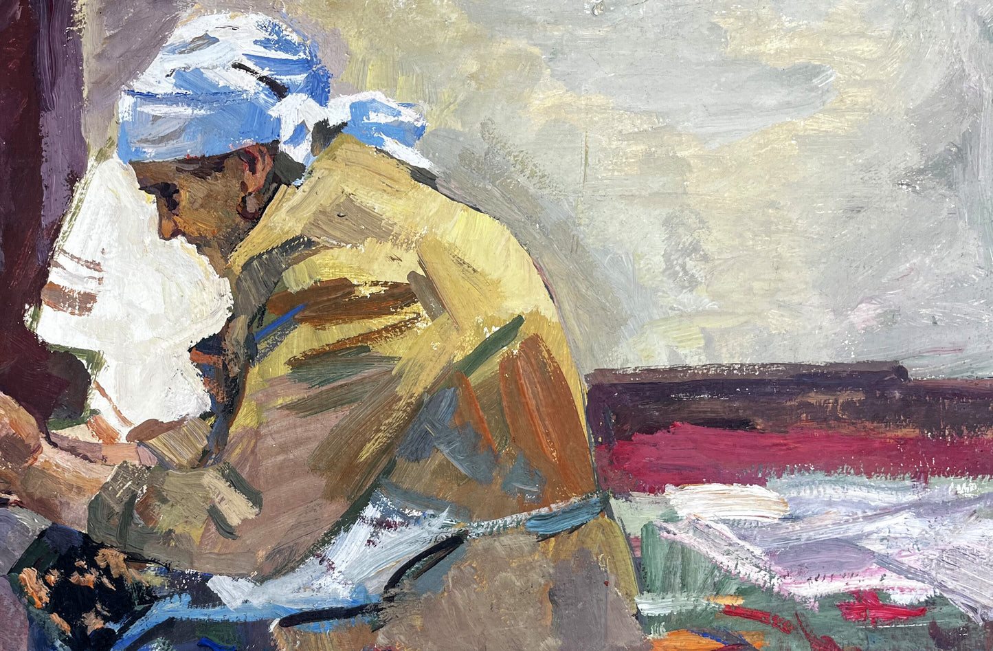 Oil painting portrait of grandmother in blue headscarf and yellow jacket