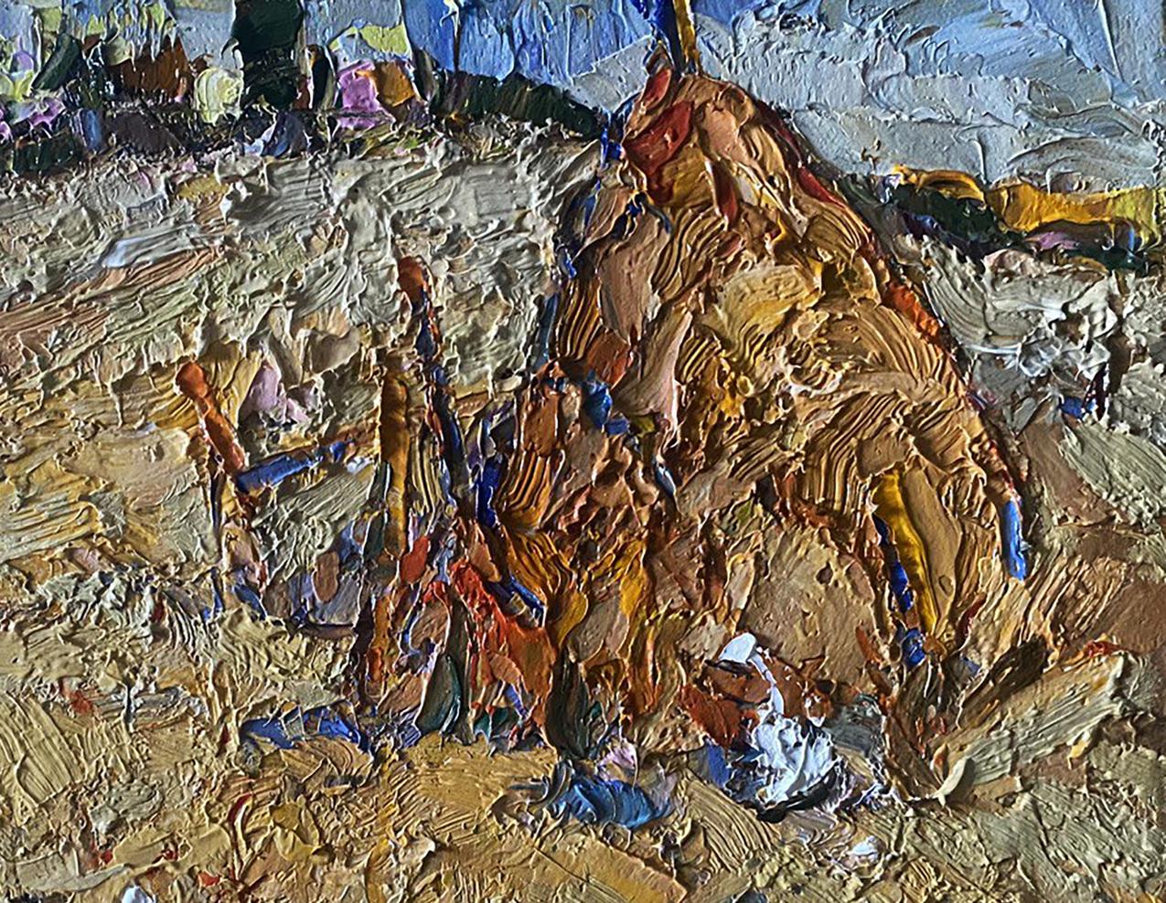 Oil painting Geese in the fields by Oksana Ivanyuk, textured landscape