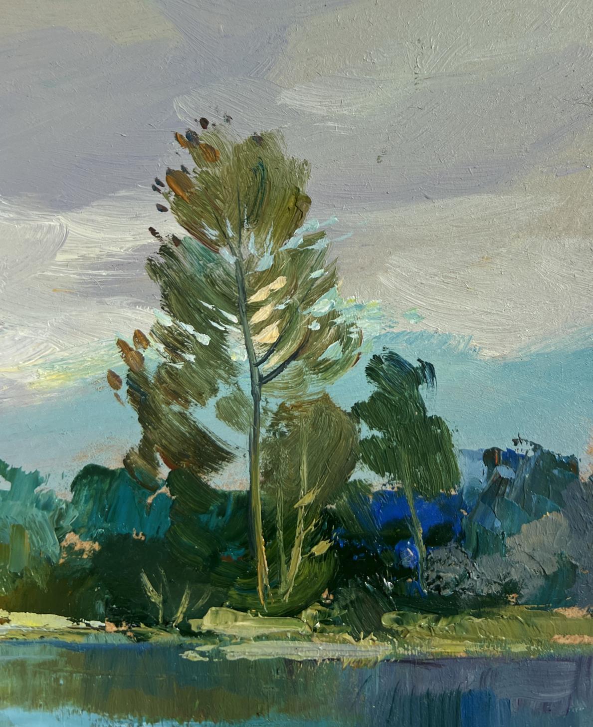 Tall pine tree in forest thicket, impressionistic oil painting by Yuriy Suprunchuk