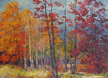 Vibrant impressionist oil painting of autumn forest by Boris Serdyuk