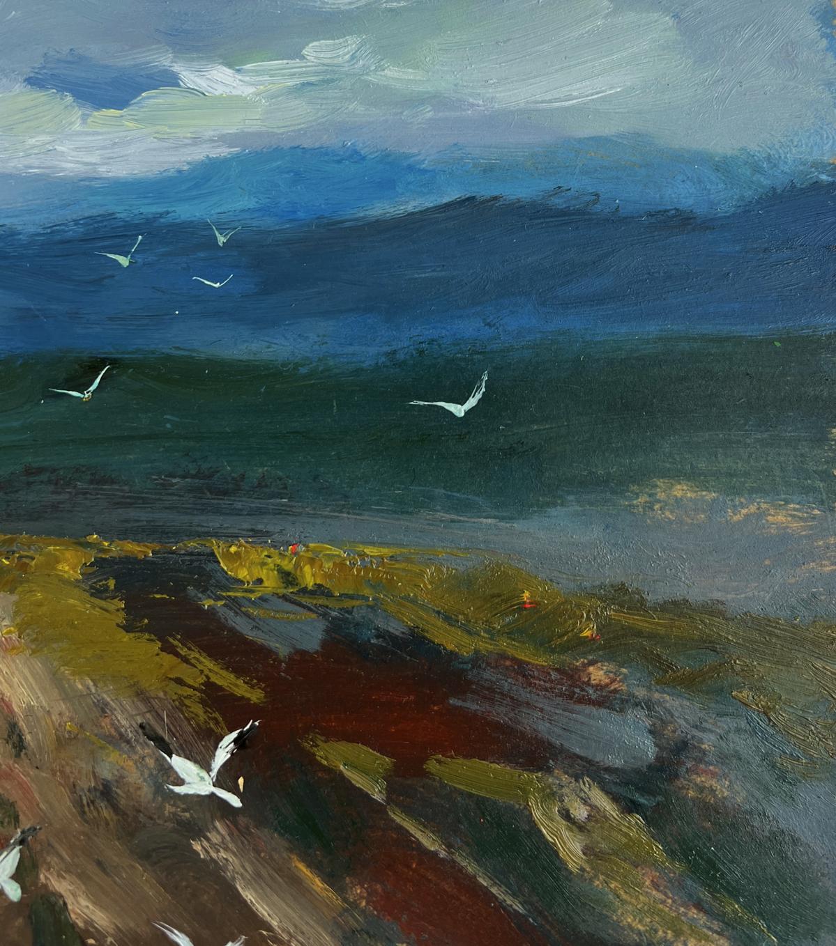 Textured oil painting of coastal landscape with seagulls, sunlight through clouds by Yuriy Suprunchuk