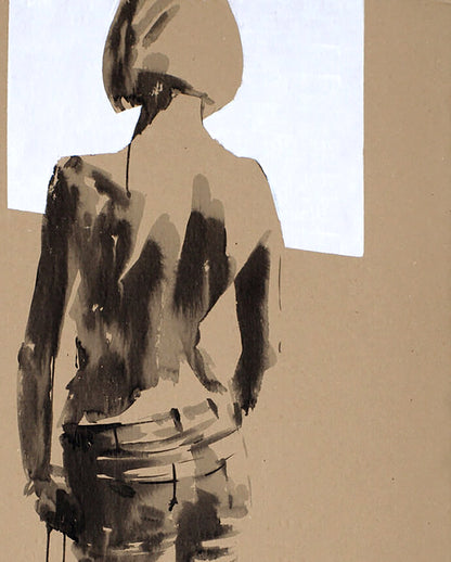 Back view stylized black beige ink painting by Dima Filatov, loose pants