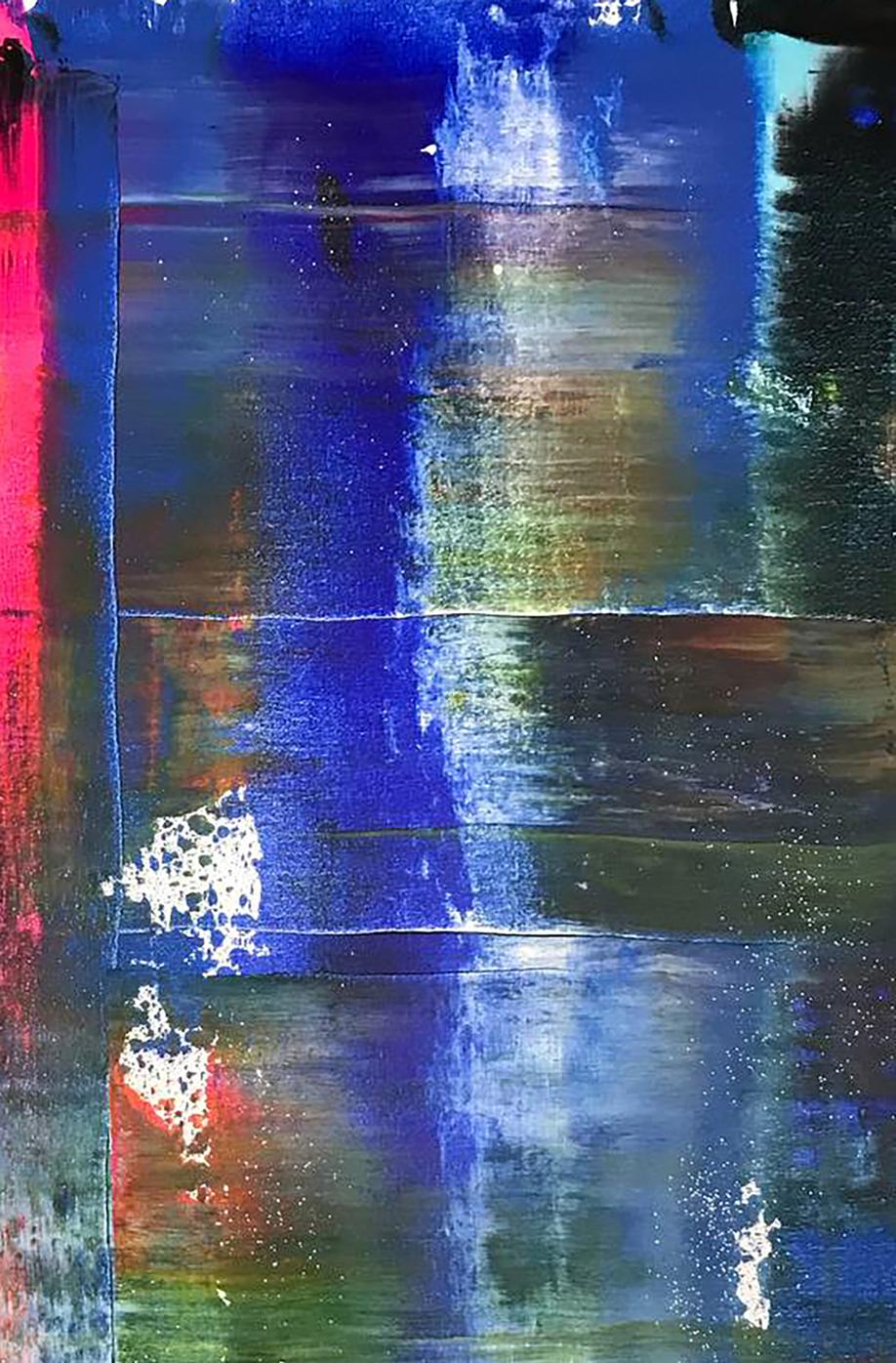 Acrylic painting Ultramarine Drive by Olga Melezhik, bold blue red green streaks