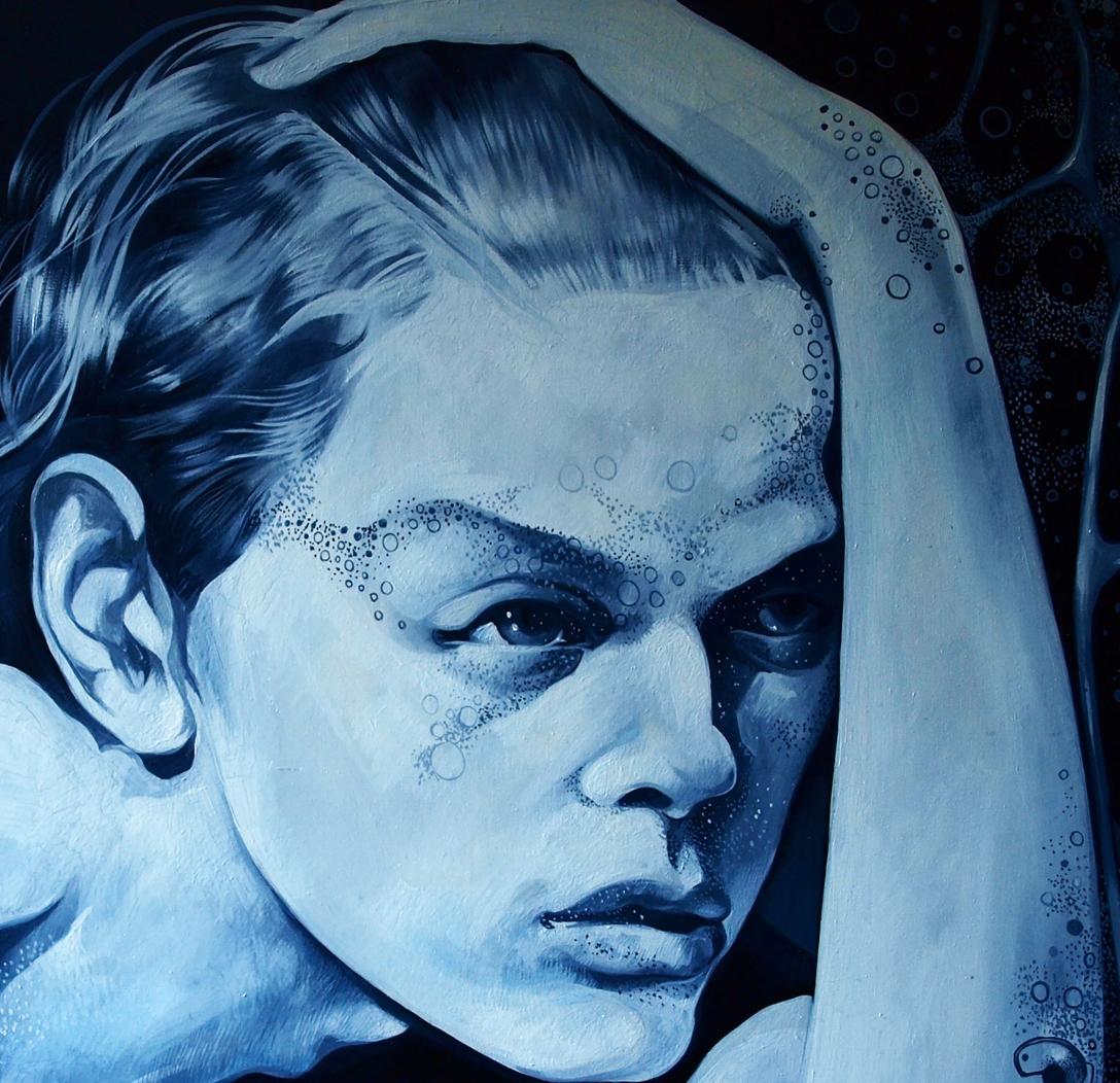 Striking blue-toned oil portrait of woman by Konsta G. Amelinn, After a hard week