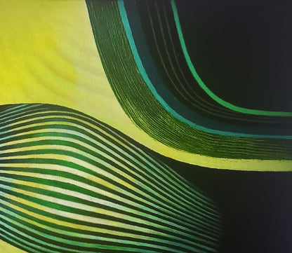 Oil painting of vibrant green yellow woven stripes by Alexander Strashevich