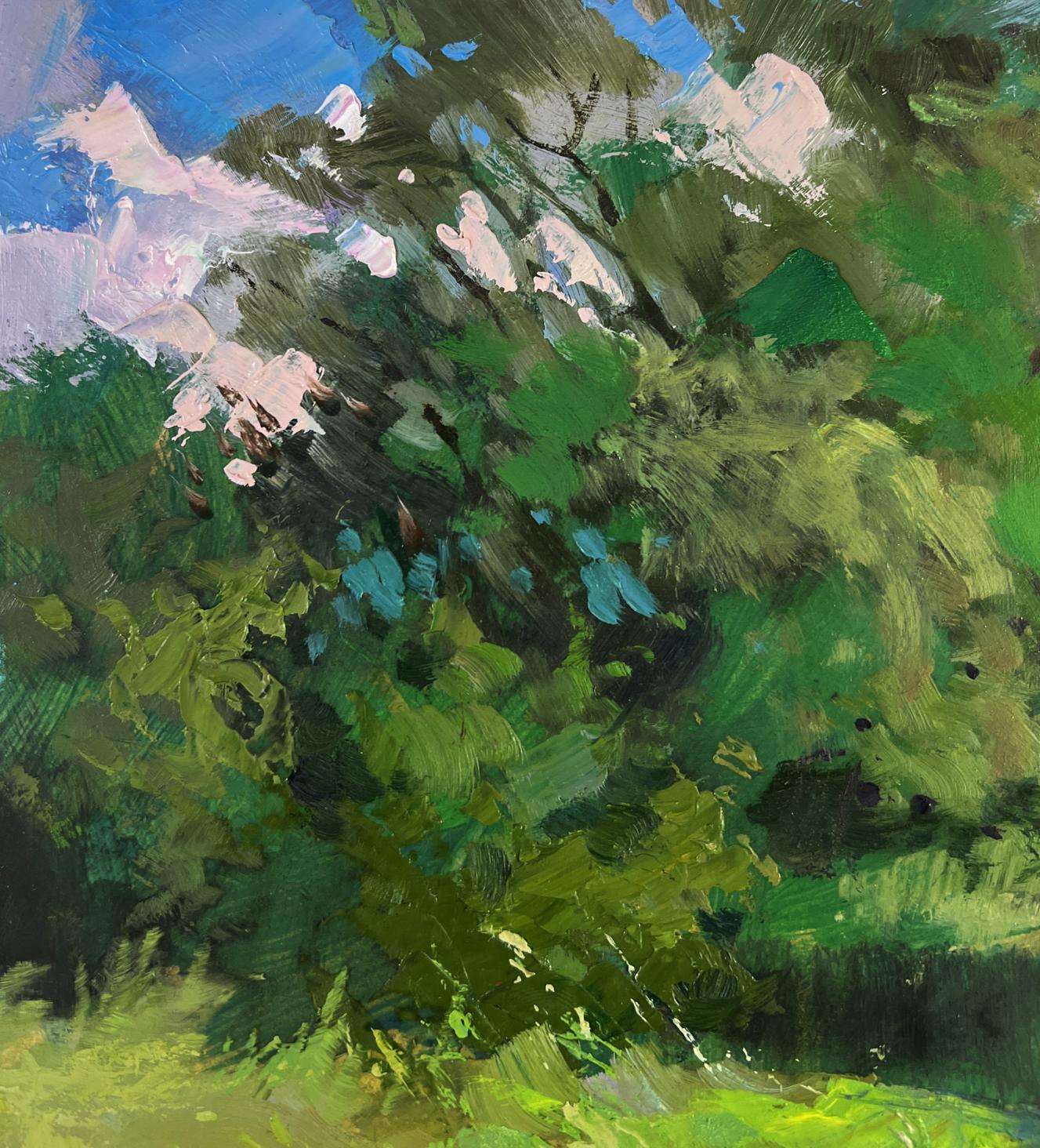 Vibrant impressionistic oil painting of lush green tree with pink blossoms by Yuriy Suprunchuk