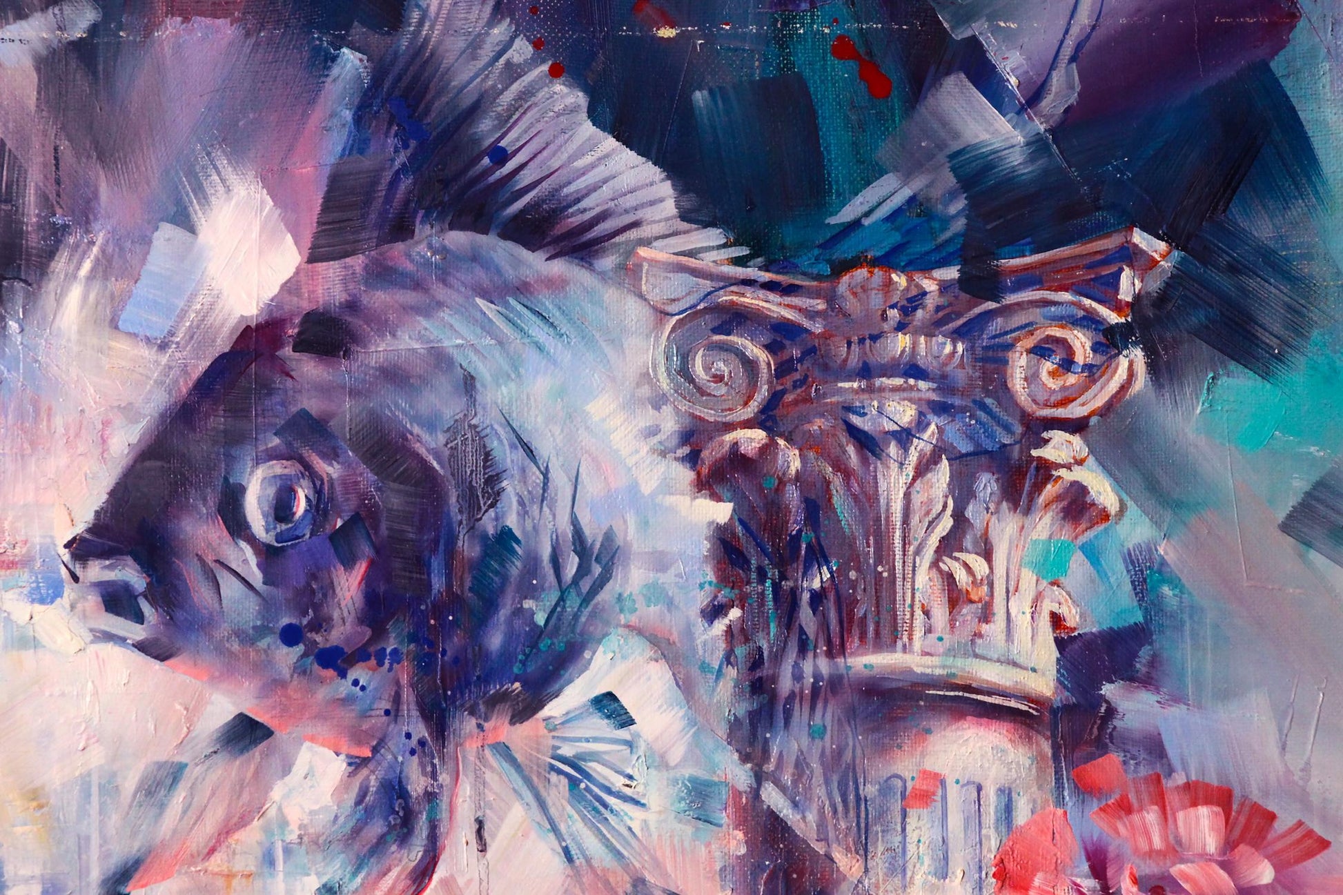 Oil painting Bluebirds by Alexander Dobrodiy: dark fish and column in teal blue purple