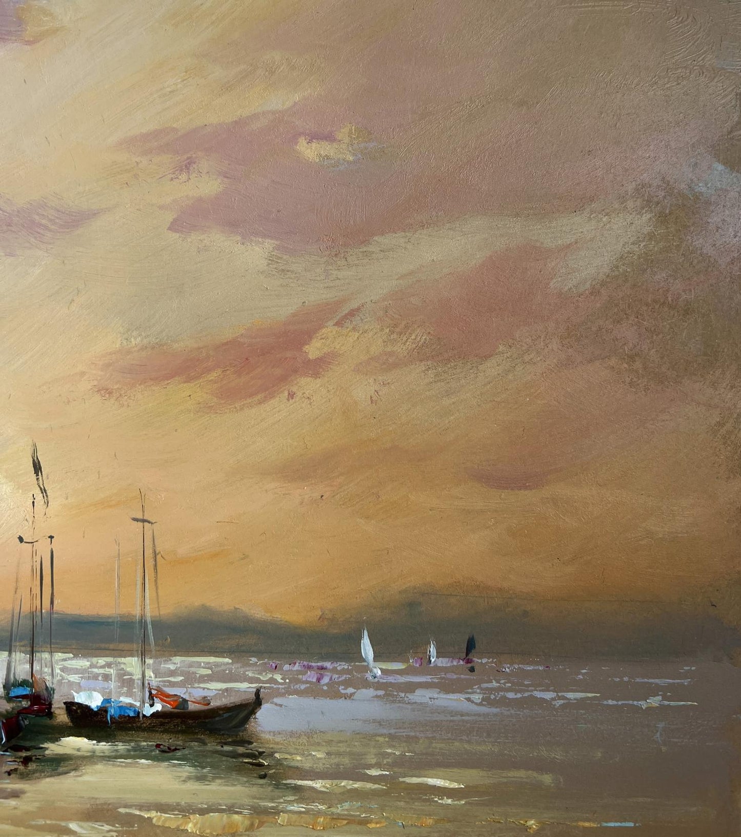 Serene impressionistic oil painting of sailboats on calm waters by Yuriy Suprunchuk