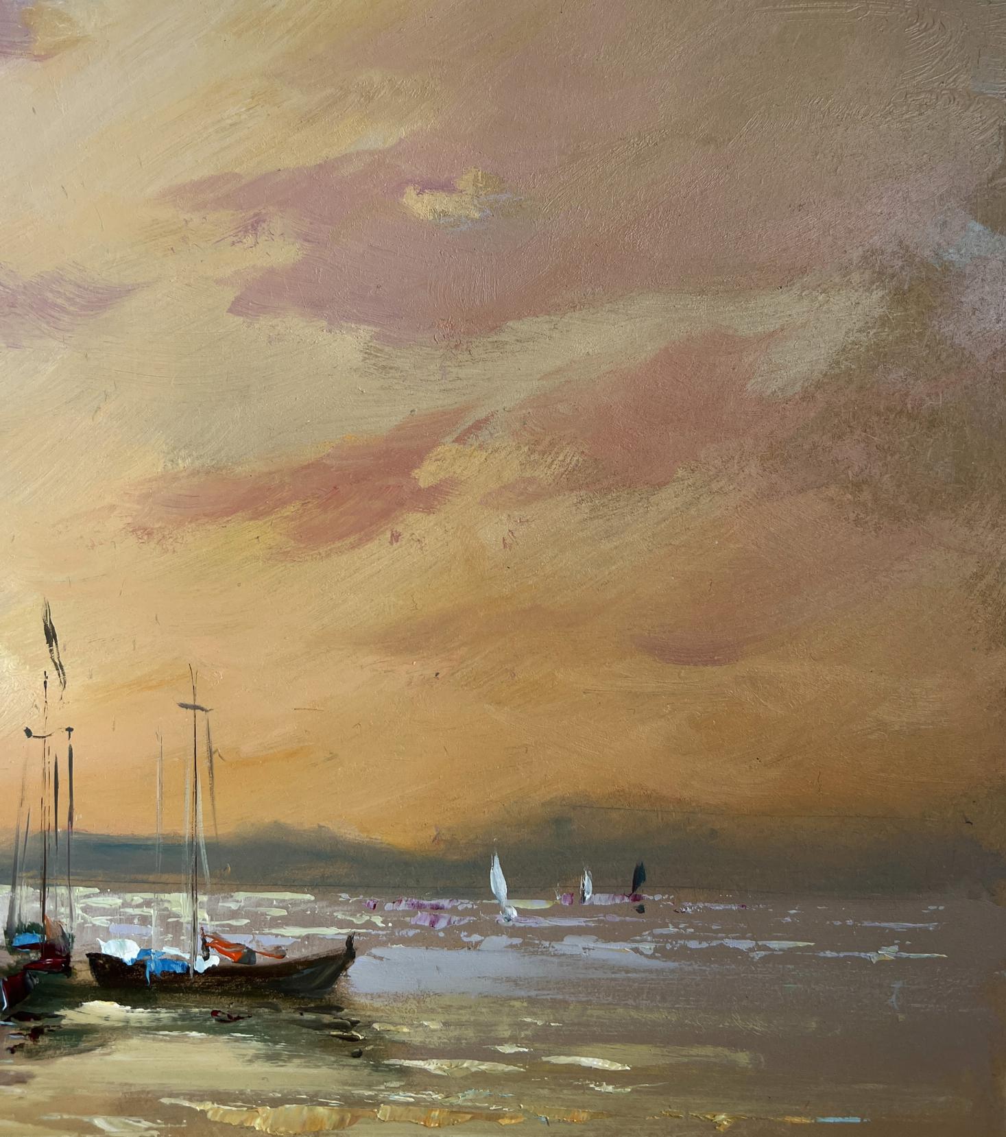 Serene impressionistic oil painting of sailboats on calm waters by Yuriy Suprunchuk