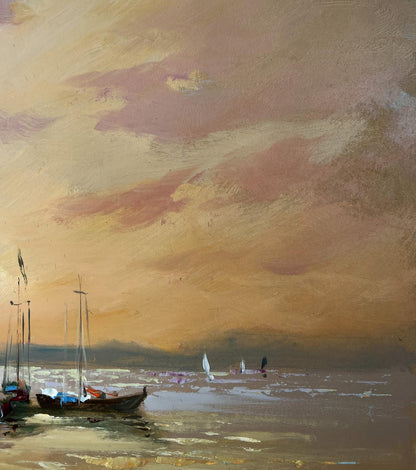Serene impressionistic oil painting of sailboats on calm waters by Yuriy Suprunchuk