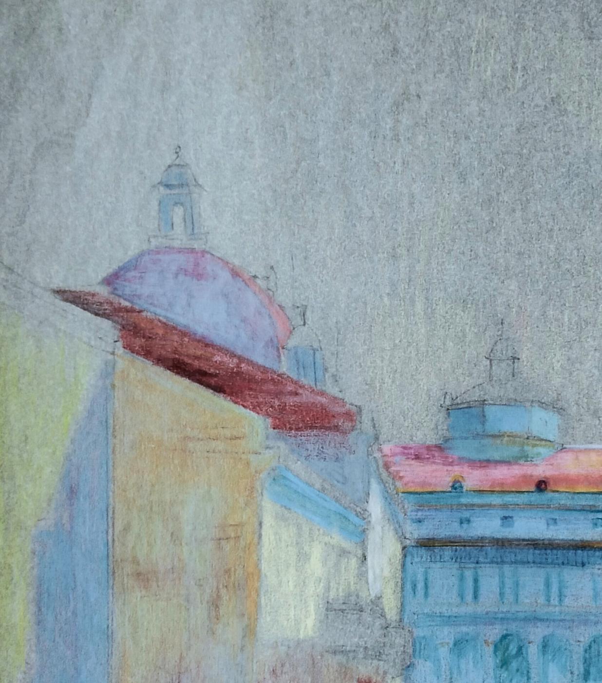 Pastel sketch of domed city building from birds eye view by Vitaly Duhnevich