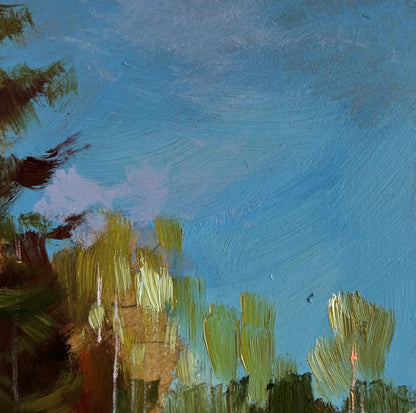 Oil painting Winter calm in the village by Yuriy Suprunchuk, blue sky and trees