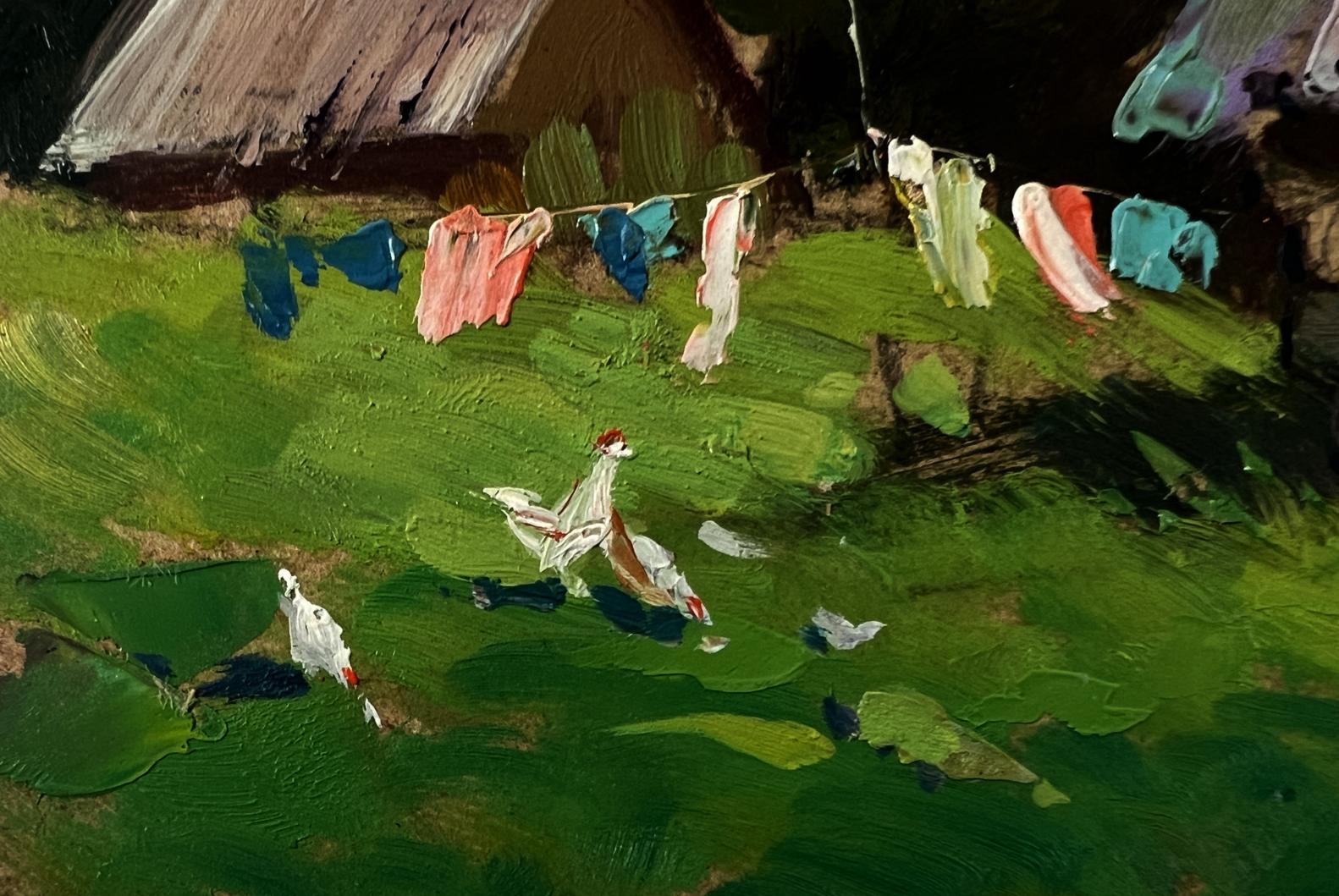 Oil painting Quiet village life by Yuriy Suprunchuk rustic clothesline scene