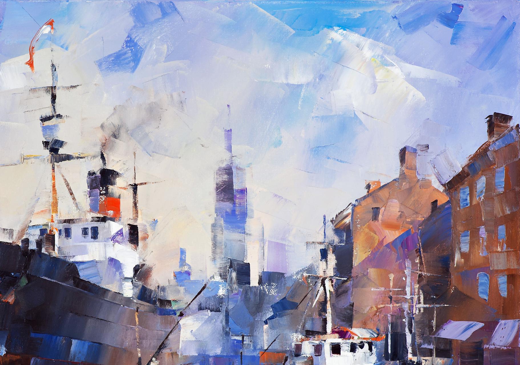 Vibrant impressionist oil painting New contours by Volodymyr Gluhomanyuk, harbor scene