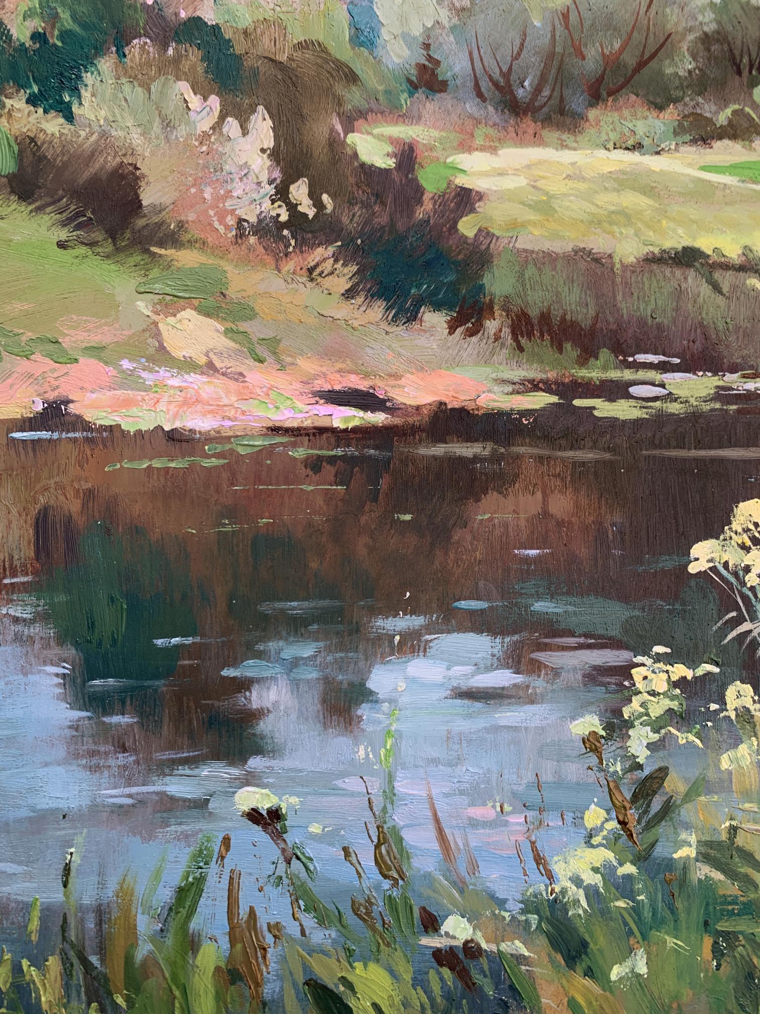 Serene impressionistic oil painting of river along forest by Yuriy Suprunchuk