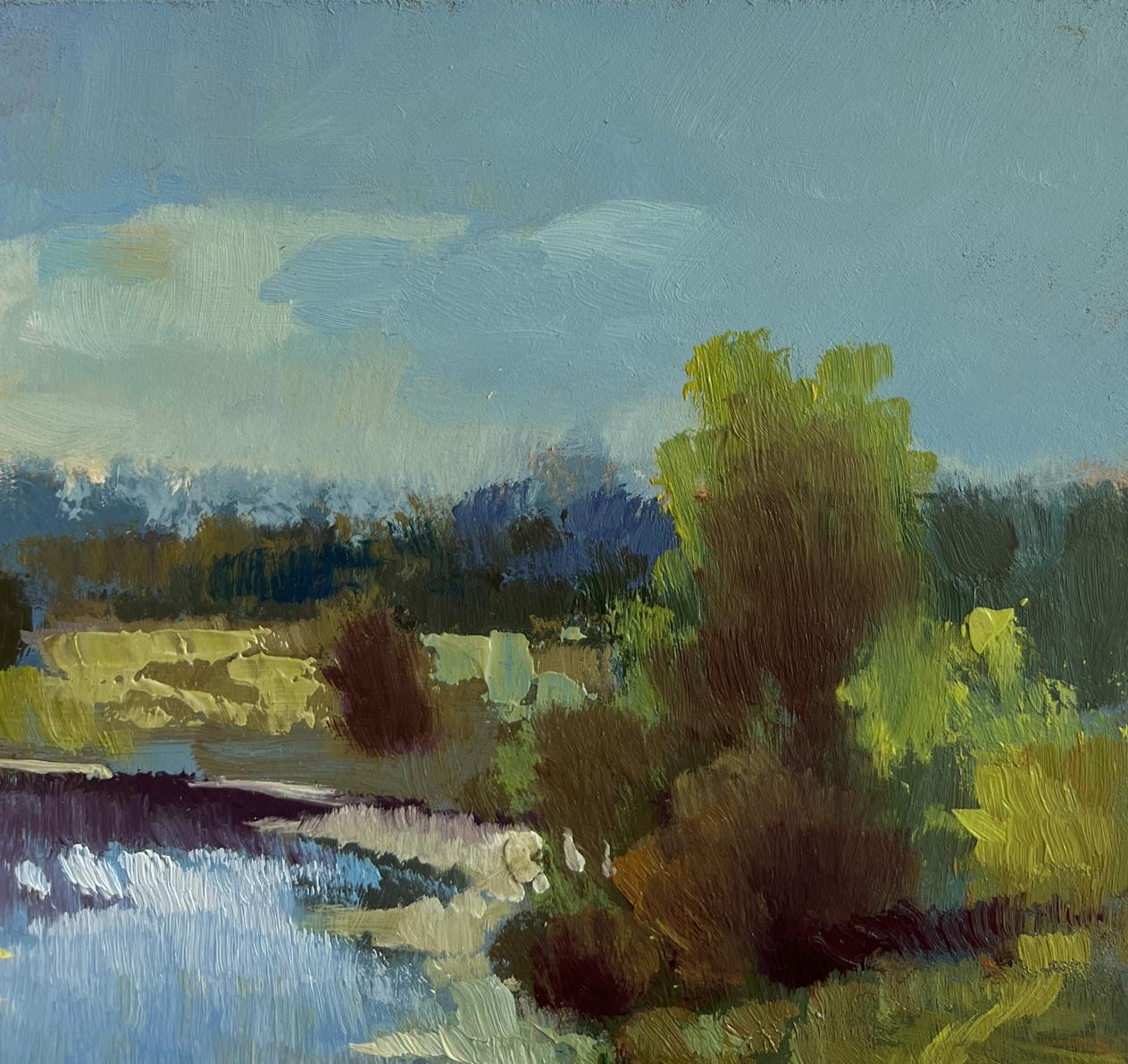 Serene impressionistic oil painting of sunset clouds over river by Yuriy Suprunchuk