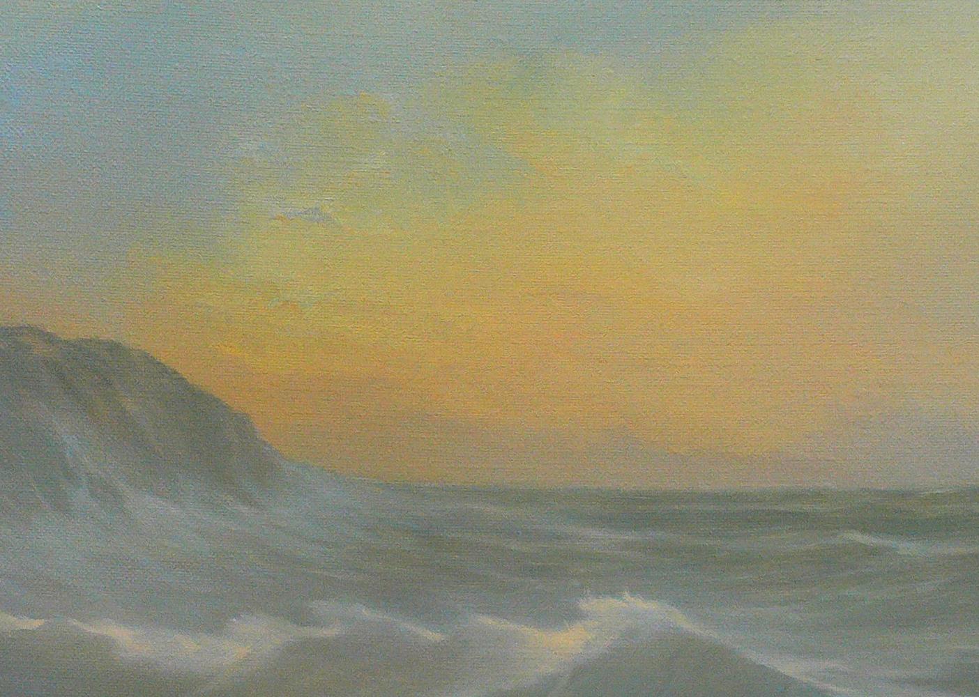 Oil painting Evening Waves by Vasily Korkishko: turbulent ocean crashing on cliffs