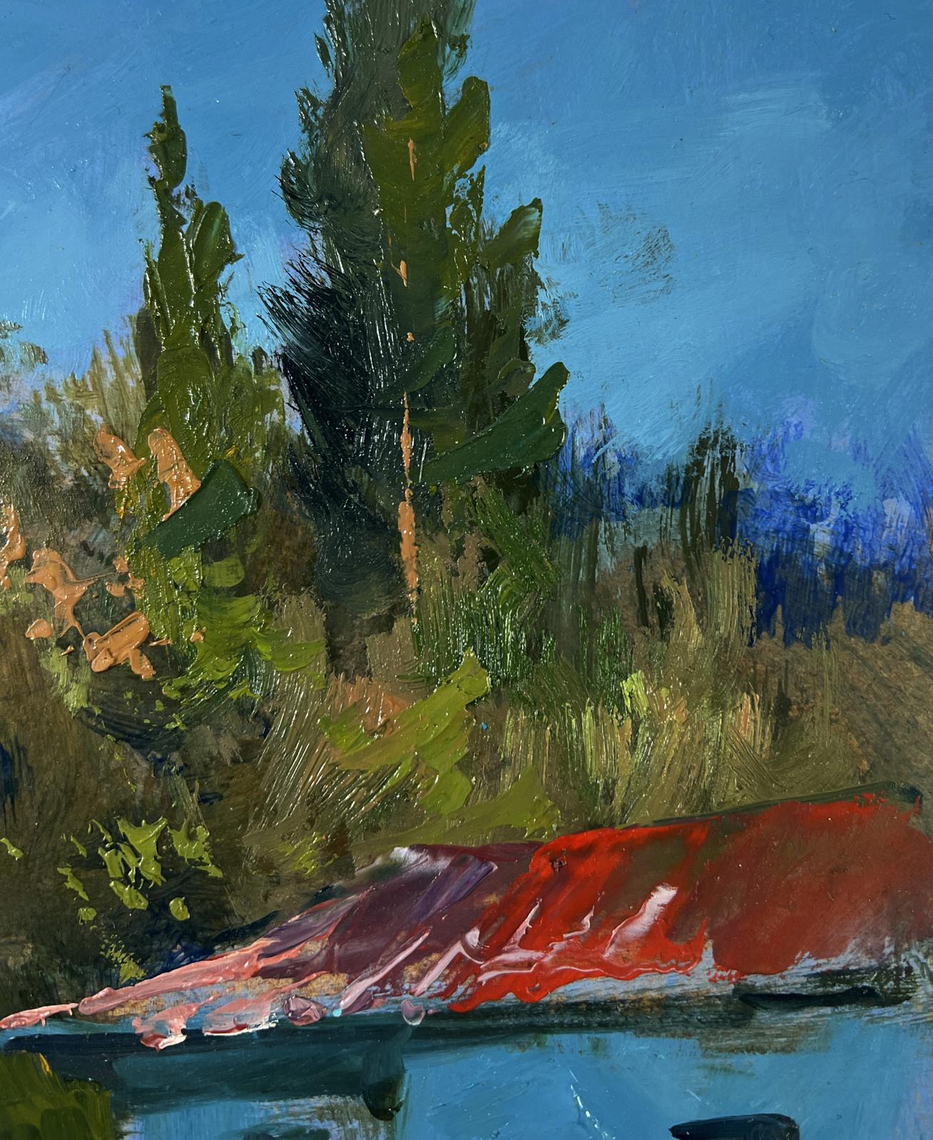 Vibrant red textured roof with brushstrokes by Yuriy Suprunchuk, trees and sky