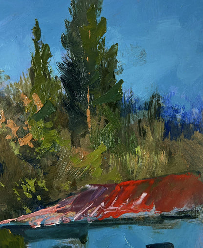 Vibrant red textured roof with brushstrokes by Yuriy Suprunchuk, trees and sky