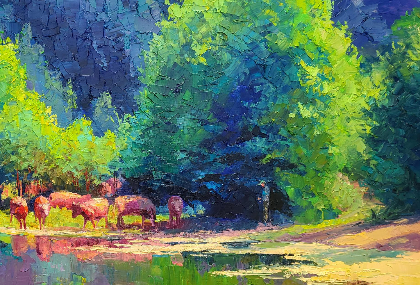 Vibrant impressionist oil painting by Boris Serdyuk: herd of pinkish-brown cows in lush pastoral scene
