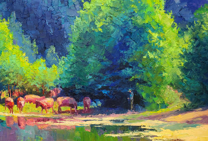 Vibrant impressionist oil painting by Boris Serdyuk: herd of pinkish-brown cows in lush pastoral scene