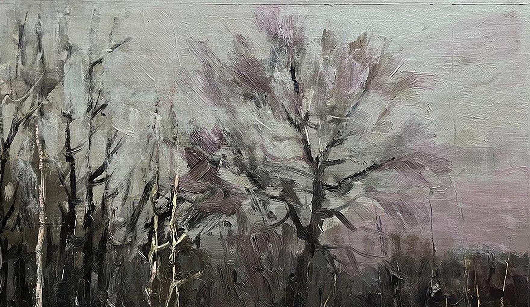 Oil painting Fallen forest by Volodymyr Pashchenko bare trees grays purples