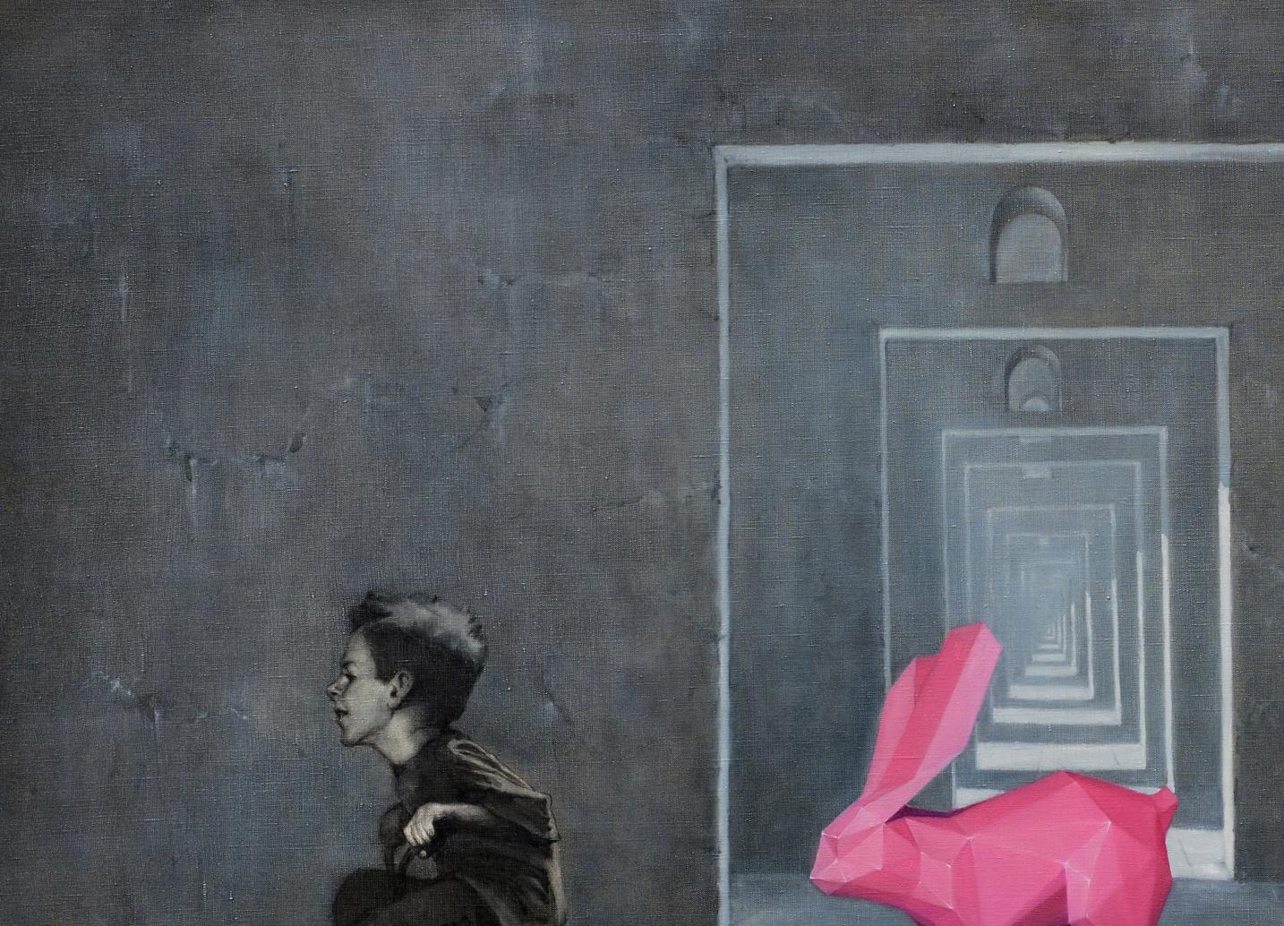 Vibrant pink geometric rabbit sculpture by Oleg Kateryniuk against gray wall